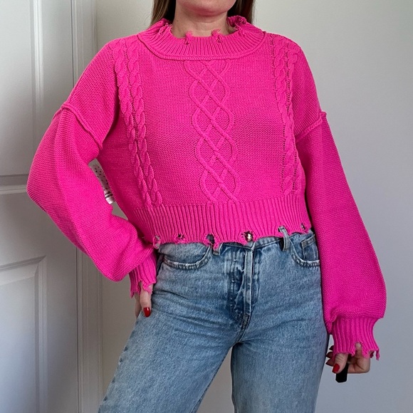 Neon Pink Distressed Crop Cable Knit Sweater - Picture 1 of 10